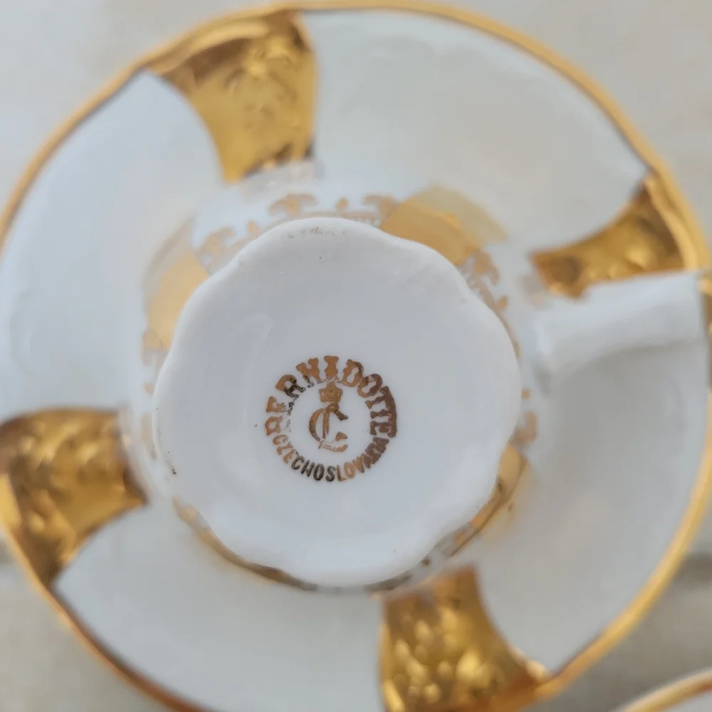 Vintage Bernadotte Gilded Set of 3 tea cups 2 soucer plates and one candy dish